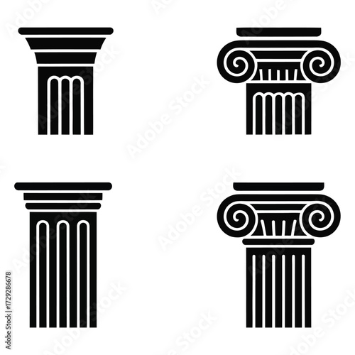 Stylized Doric and Ionic column capitals vector set — classical architecture elements for history, design, education, and cultural illustration