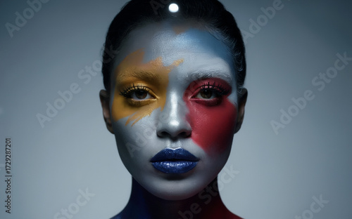 Striking High-Fashion Beauty Portrait with Bold Abstract Face Paint and Metallic Makeup