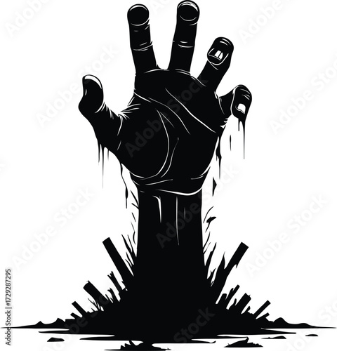 Terrifying Zombie Hand Reaching from the Depths Illustration in Black and White Monochrome