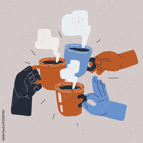 Cartoon vector illustration of three hands clinking mugs of tea or coffee symbol of friendship, warmth, and shared moments