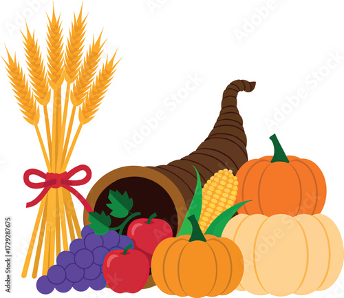 Cornucopia harvest abundance thanksgiving autumn fruits vegetables wheat vector Hand drawn