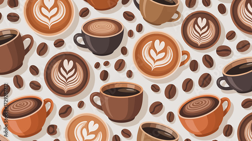 Coffee Cup and Coffee Bean Seamless Pattern Background for Cafe Designs and Delicious Coffee Beverages