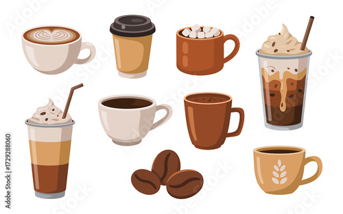 Assorted Coffee Drinks and Roasted Coffee Beans Vector Illustration for Cafe Menu and Design Projects