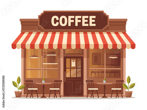 Charming Coffee Shop Facade with Tables and Chairs Vector Illustration Inviting Ambiance for a Relaxing Coffee Break