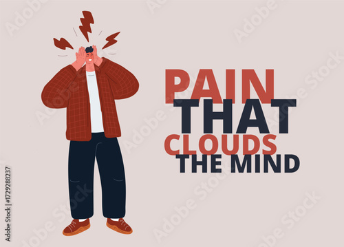 Vector illustration of banner with strong man with pain ache