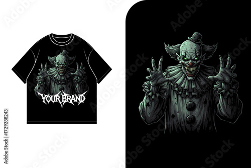 A black t-shirt design featuring a menacing clown illustration, with a brand logo.
