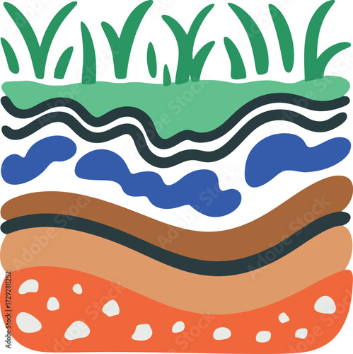 Layered earth soil cross-section with green grass and water vector Hand drawn