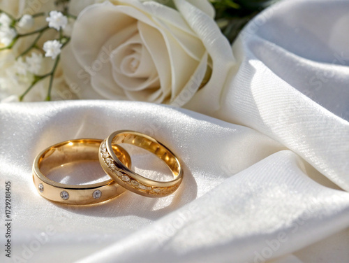 Gold Wedding Rings on White Satin with Roses and Baby’s Breath Flowers Ai-Generated