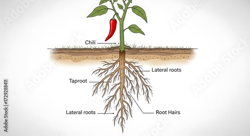 Detailed illustration of a pepper plant root system and its parts.