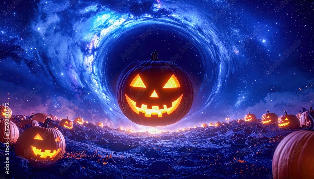 Fototapeta premium Pumpkin swirling through mystical vortex surrounded by glowing pumpkins, representing magical Halloween supernatural vibe with eerie spooky atmosphere.