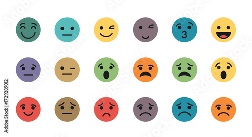 A wide variety of colorful facial expressions with different emotions and reactions.