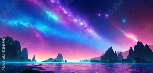 Surreal Aurora Landscape with Neon Lake
