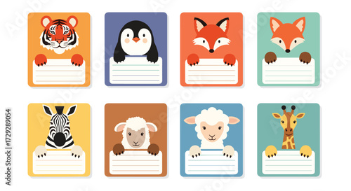 Cute cartoon animal labels with name tags for children.