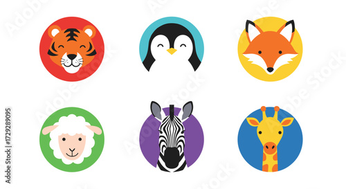 Six round colorful cartoon animal faces including a tiger a penguin a fox a sheep a zebra and a giraffe.