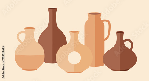 A collection of ceramic pottery vessels in various shapes and earth tones.