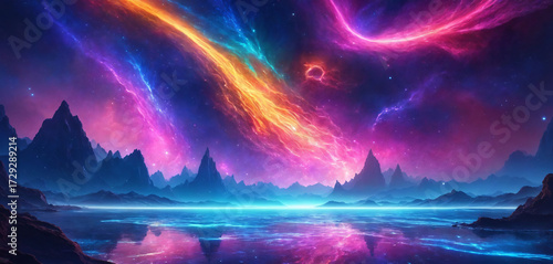 Surreal Aurora Landscape with Neon Lake