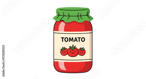 A jar of delicious tomato paste with three smiling tomatoes on the label.