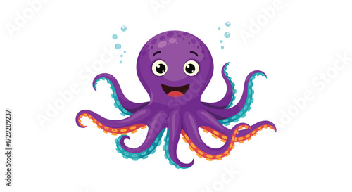 This happy purple octopus is swimming in the ocean among bubbles.
