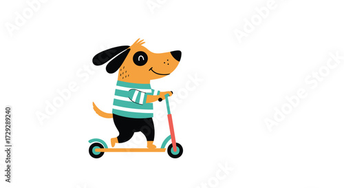 A cheerful dog rides a scooter and enjoys a sunny day.