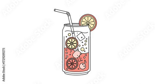 Refreshing pink citrus soda with ice and fruit slices.