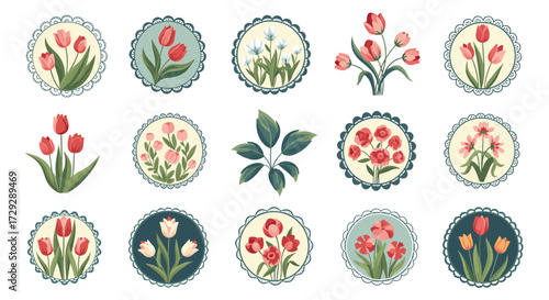A collection of charming round floral illustrations featuring tulips and other spring flowers.