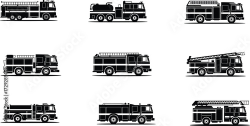 Vector set of fire trucks, emergency rescue vehicles, firefighting equipment, ladder truck icons, silhouette illustrations, detailed black design elements.