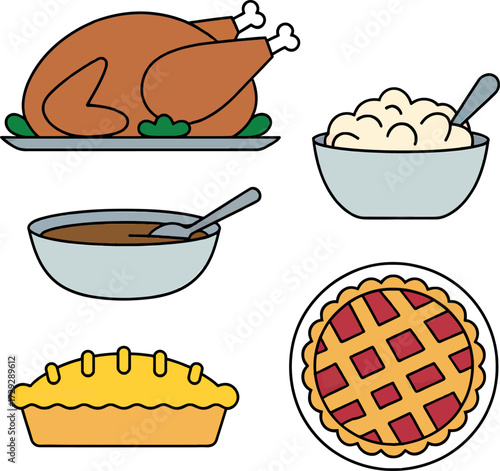 Roasted turkey dinner icons with gravy mash pie vector Hand drawn