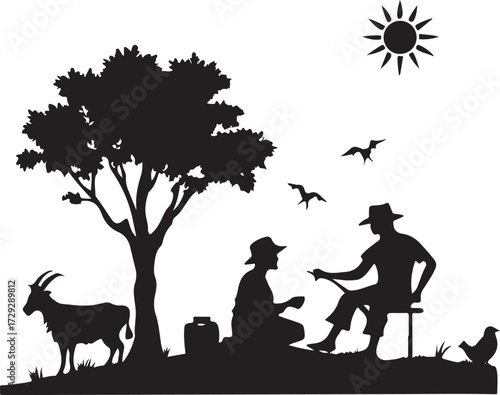 Silhouette of a rural scene with people animals and a tree