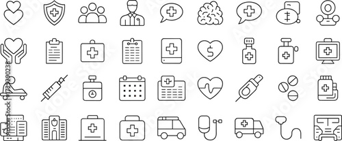 Medical healthcare icon set, hospital symbols, doctor tools, first aid kit, ambulance, medicine, pharmacy, healthcare services, vector illustration, outline.