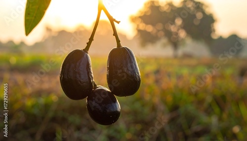 Dark fruits hanging from a branch at sunrise