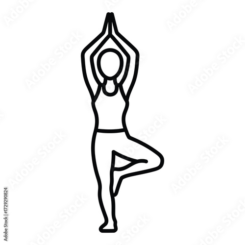 Yoga tree pose line art silhouette woman performing vrikshasana meditation and balance exercise vector