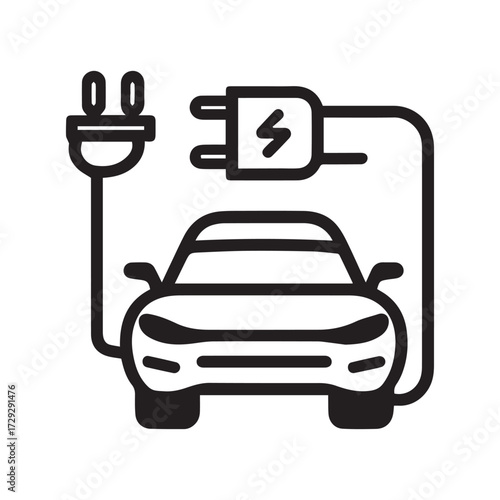 Minimal black and white electric car icon with charging cable