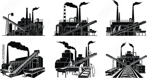 Industrial conveyor belt factory with workers, production lines, smoke chimneys, food processing, manufacturing equipment, and assembly line illustration icons.