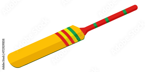Vibrant yellow and red cricket bat adorned with festive green stripes, perfect for sports promotions, designs, and joyful summer celebrations.
