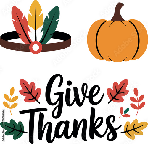 Autumn thanksgiving native american headdress pumpkin give thanks festive greeting vector Hand drawn