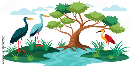 Vibrant scene of diverse wading birds standing gracefully near a flowing river and lush green tree under a cloudy sky
