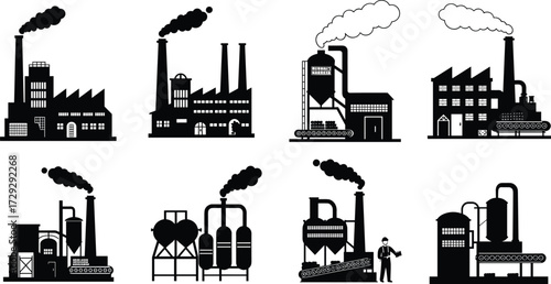 Industrial factory icon set, black silhouette manufacturing plant collection, smoke chimney illustration, refinery equipment vector, engineering industry graphics