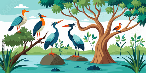 Vibrant flock of diverse waterbirds perched gracefully on rocks and branches amidst lush natural wetland scenery with calm waters and foliage