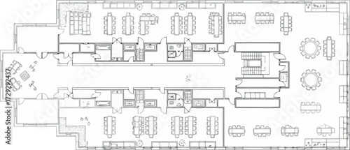 Vector art of architectural floor plan of a large commercial building with multiple office and seating areas