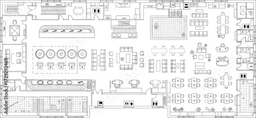 Vector art of detailed floor plan of a modern office space with workstations, meeting rooms, and common areas