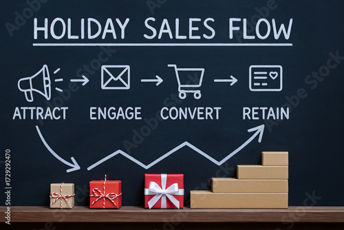 Holiday sales flow concept on chalkboard with attract engage convert retain icons and gift boxes illustrating customer journey and growth