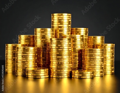 Golden coins stacked in a pyramid shape on a dark surface
