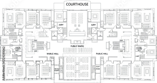 Vector art of architectural floor plan of a courthouse with courtroom and public areas