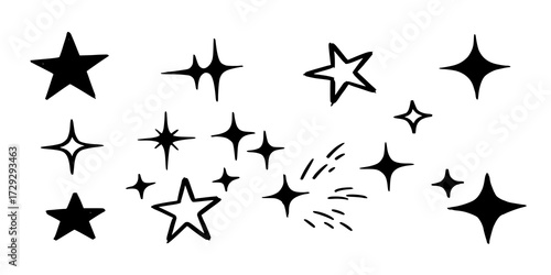 Black crayon hand drawn stars and sparkles set. Childish doodle sparks collection. Grunge rough brush stroke shine element pack for collage, poster, sticker, label. Kid sketched pencil symbols. Vector