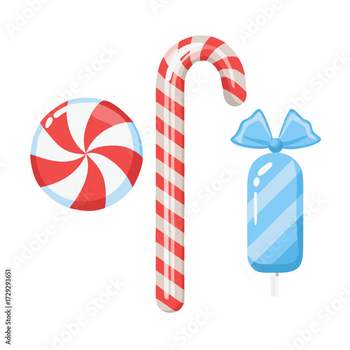 Striped sugar candy. Striped peppermint candy isolated. Illustration for new years day, sweet-stuff, winter holiday, dessert, new years event. Transparent background. Illustration.icon
