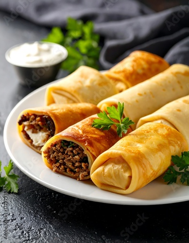 Golden crepes filled with savory meat
