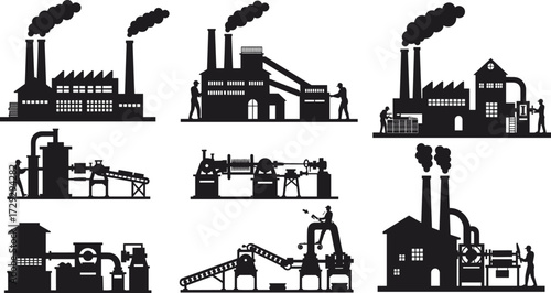 Industrial factory silhouettes, manufacturing plant icons, machinery workers, conveyor belt systems, black vector illustrations, engineering process graphics, labor force visuals
