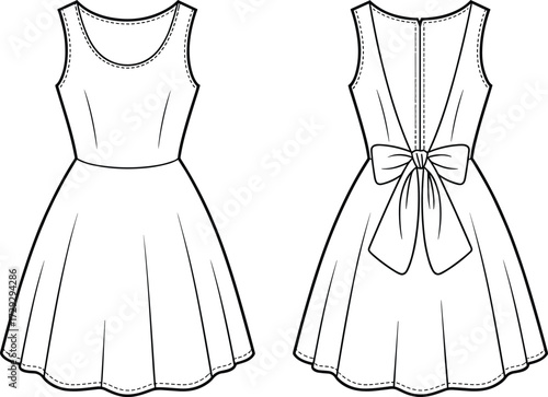 Sleeveless dress technical flat sketch, scoop neckline design, bow back detail, flared skirt, sewing pattern illustration, fashion garment construction drawing