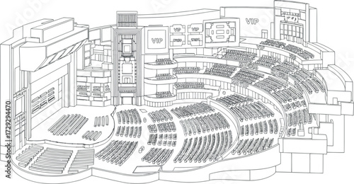 Vector art of sketch of a large auditorium or theater with tiered seating and a stage