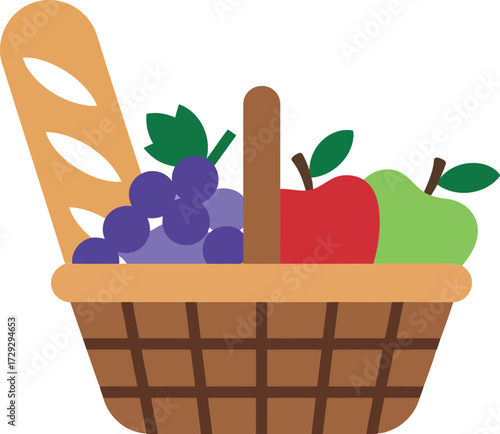 Whimsical picnic basket with fresh fruit and baguette illustration vector Hand drawn